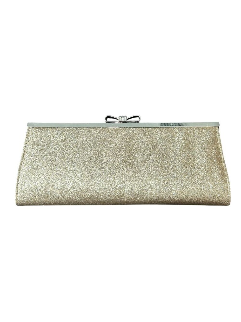 INC Gold Glitter Clutch Purse Rhinestone Bow Clasp Vintage Glam Statement Style